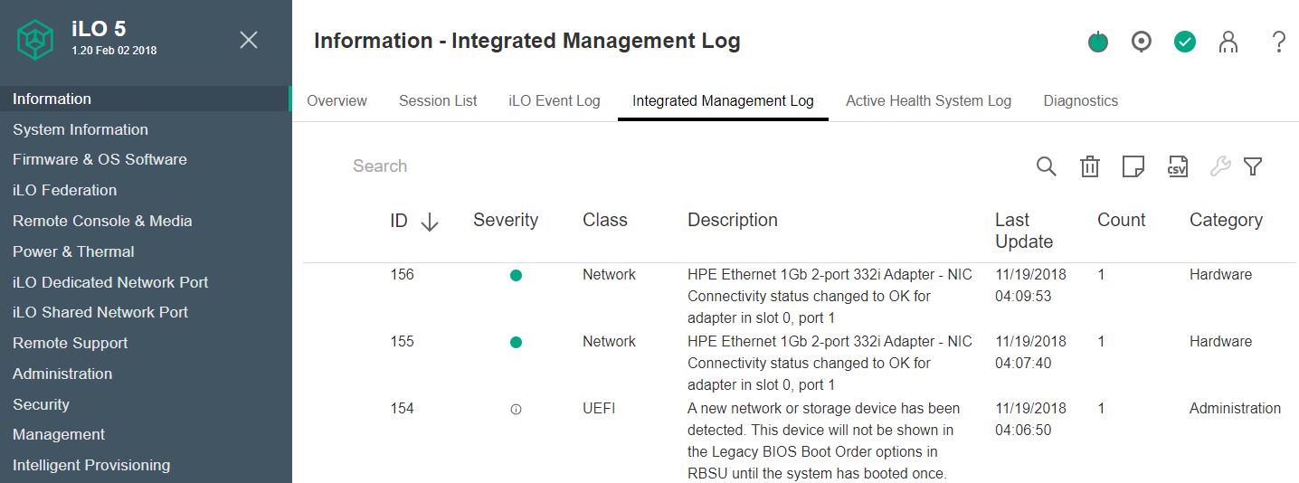 HPE ILO 5 Integrated Management Log