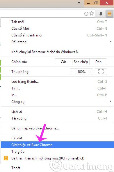 Chọn Giới thiệu về Bkav Chrome