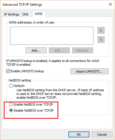 Đánh tích chọn Disable NetBIOS over TCP/IP