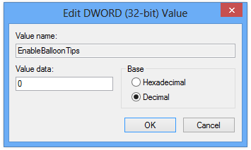 Kích chuột phải vào EnableBalloonTips và chọn Modify