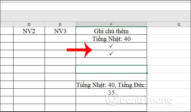 Chèn dấu tích vào bảng Excel 