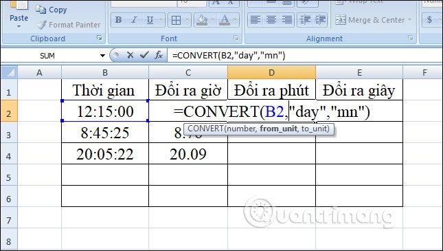 Hàm Convert đổi giá trị phút