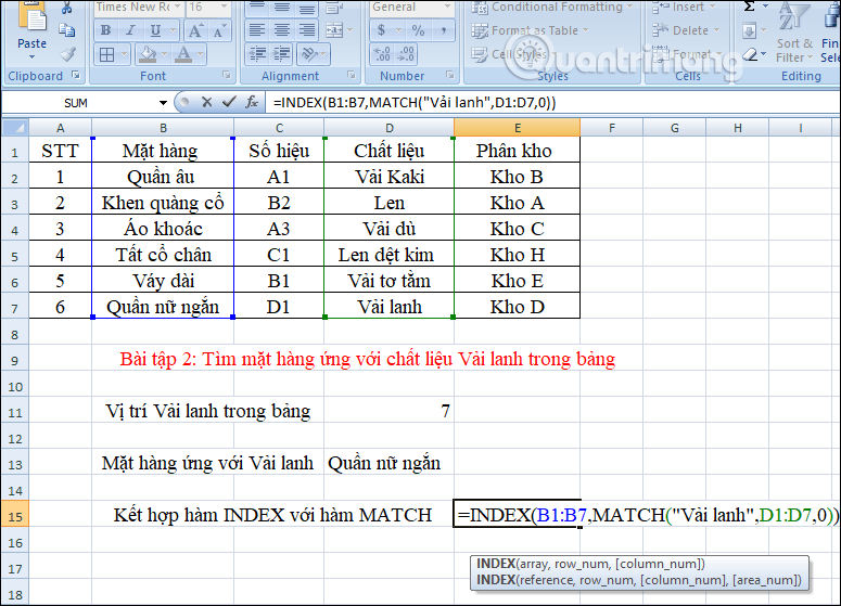 Kết hợp hàm INDEX và MATCH