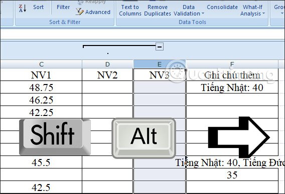 Phím tắt gộp cột 