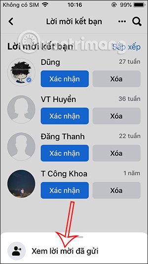 Xem lời mời Facebook đã gửi