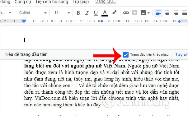 Tiêu đề khác trang đầu tiên 