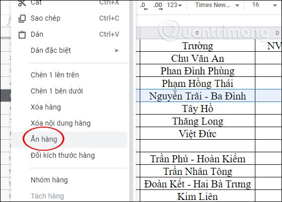 Chọn ẩn hàng