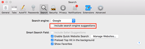 Bỏ tích tùy chọn Include search engine suggestions 