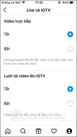 Tắt thông báo Live