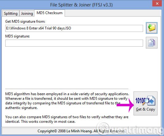 Nhấn Get&Copy để kiểm tra mã MD5