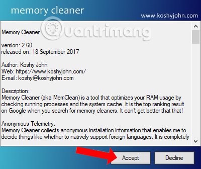 Điều khoản cài đặt Memory Cleaner
