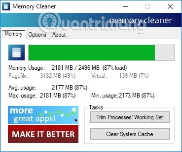 Giao diện phần mềm Memory Cleaner