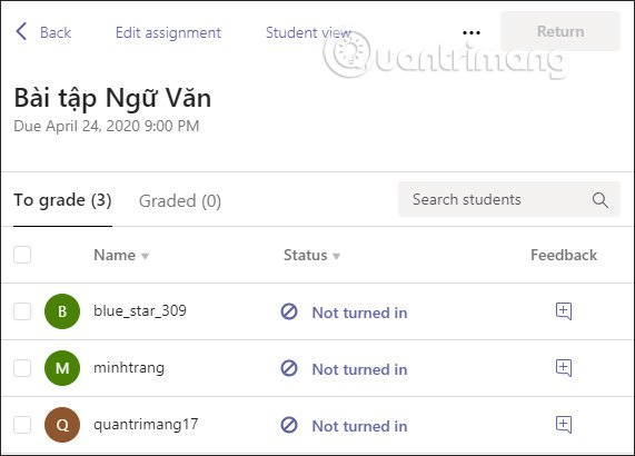 Giao diện xem bài tập đã giao 
