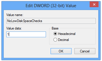 Kích chuột phải vào NoLowDiskSpaceChecks và chọn Modify