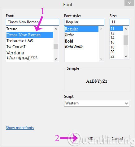 Chọn font Times New Roman