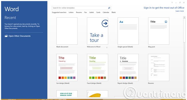 Giao diện Start Screen trong Word 2013
