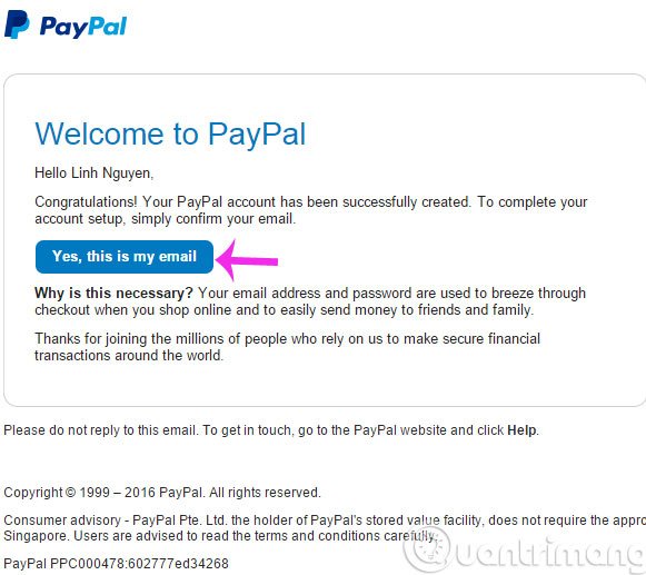 Bấm vào liên kết trong mail gửi từ PayPal