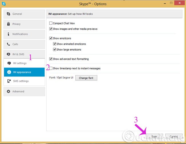 Bỏ check tùy chọn Show timestamp next to instant messages