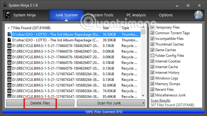 Xóa từng file rác 