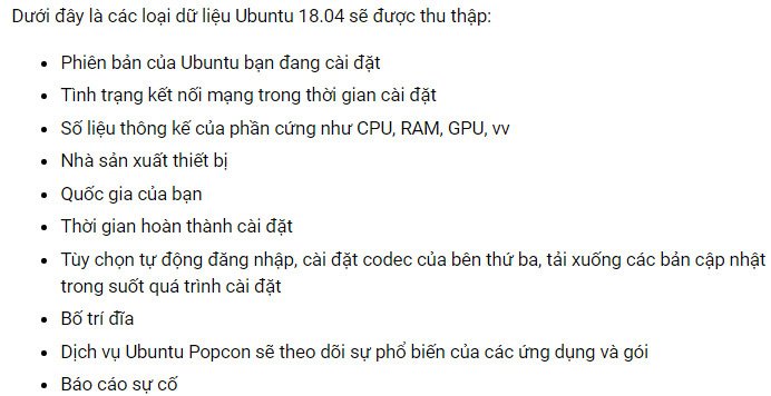 Ubuntu sẽ thu thập dữ liệu sử dụng hệ thống