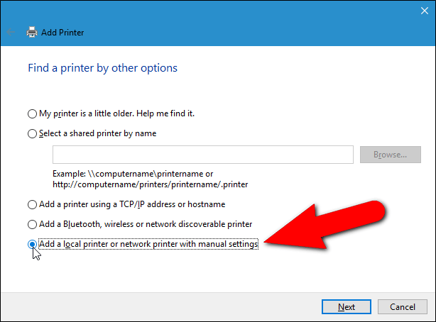 Add a local printer or network printer with manual settings