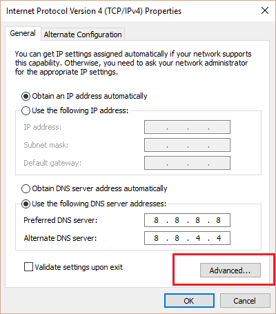 Trên cửa sổ Internet Protocol Version 4 (TCP/IPv4) Properties, click chọn Advanced