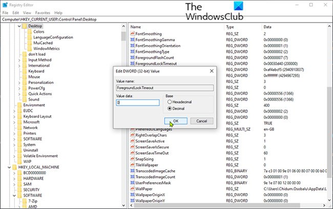 Sửa đổi giá trị registry ForegroundLockTimeout