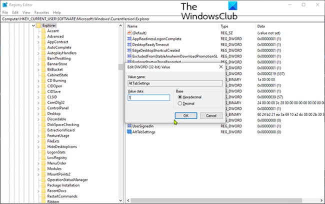 Sửa đổi giá trị registry AltTabSettings