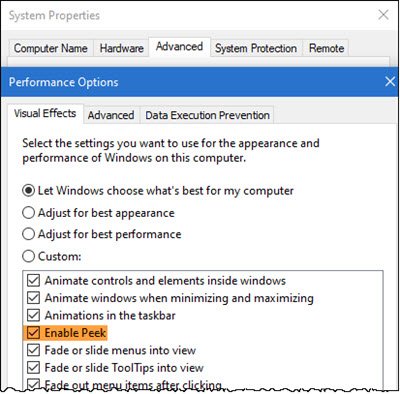 Kích hoạt tùy chọn Enable peek