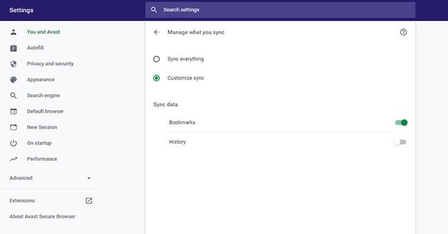 Bật Sync data cho Boomarks và History