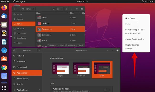 Ứng dụng File Manager và Settings đang ở chế độ nền tối trong khi menu ngữ cảnh ở chế độ sáng