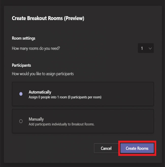 Chọn số lượng breakout room bạn muốn tạo và cách người tham gia sẽ được chỉ định