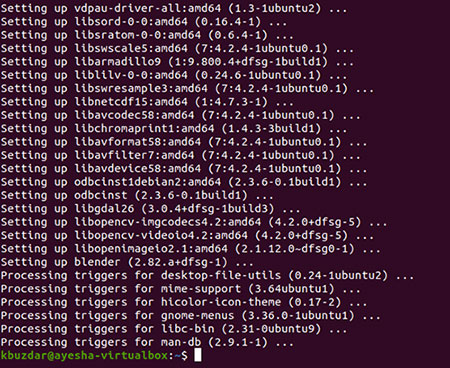Blender 3D cùng với tất cả các gói và dependency của nó được cài đặt thành công trên hệ thống Ubuntu 20.04
