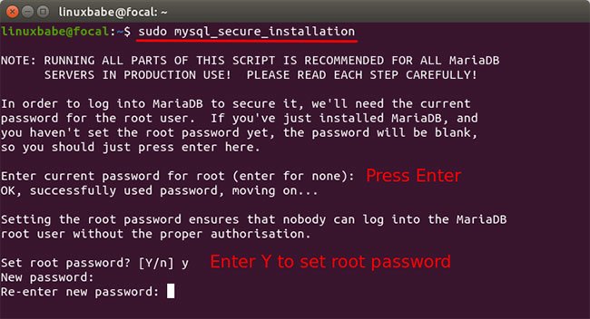 Nhập y để đặt mật khẩu root cho MariaDB server
