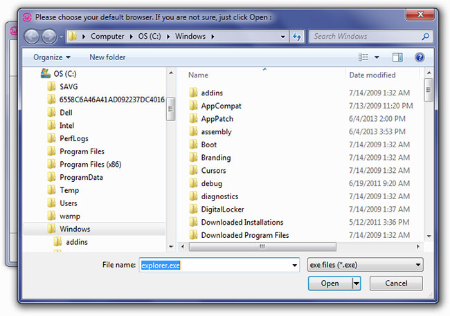 Chọn file trình duyệt .exe mặc định