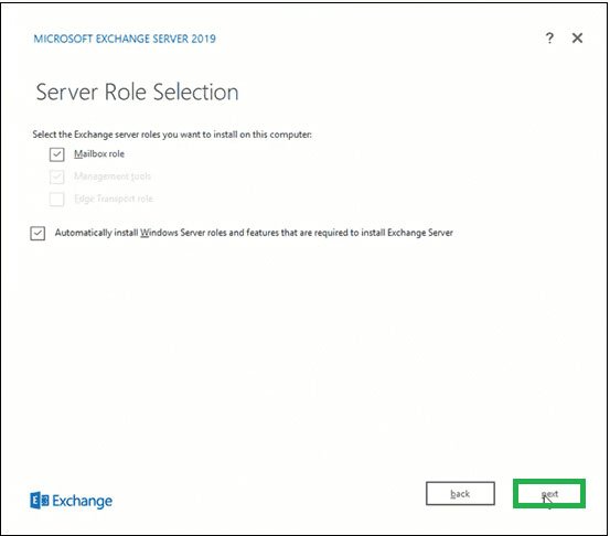 Chọn Mailbox role trong phần Exchange Server roles