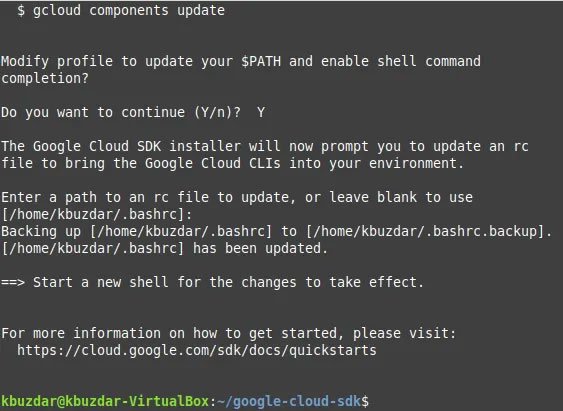 Google Cloud SDK đã được cài đặt thành công trên hệ thống Ubuntu