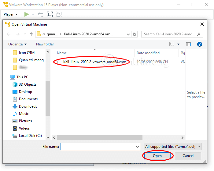 Tìm và mở file .vmx