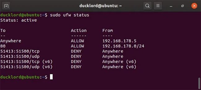 Sử dụng lệnh status để xem tất cả các quy tắc