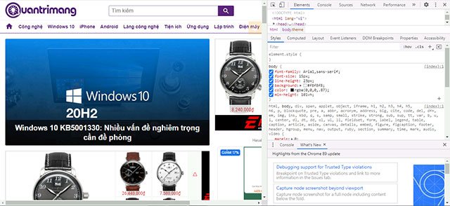Mở cửa sổ công cụ dành cho nhà phát triển