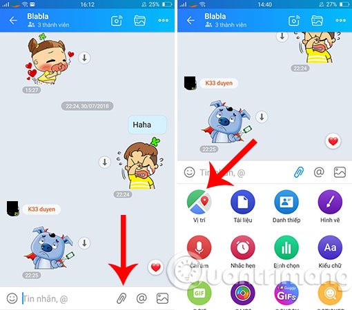 Bấm vào biểu tượng đính kèm và chọn Vị trí