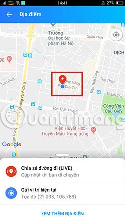Nút Ghim màu đỏ là vị trí hiện tại của bạn