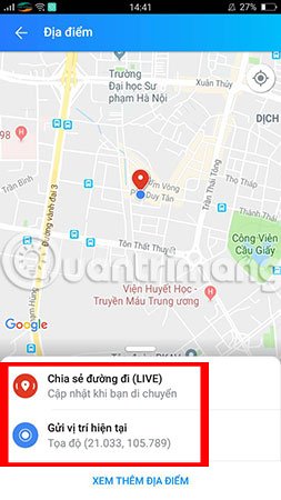 Tính năng chia sẻ đường đi và gửi vị trí hiện tại