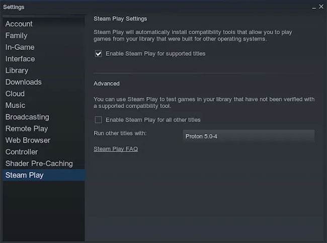 Chọn hộp kiểm Enable Steam Play for Supported Titles