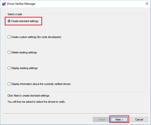 chọn Create standard settings
