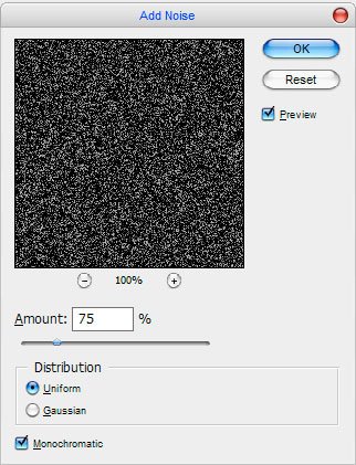 Sau đó chọn Filter > Noise > Add Noise và điều chỉnh giá trị như hình dưới đây: