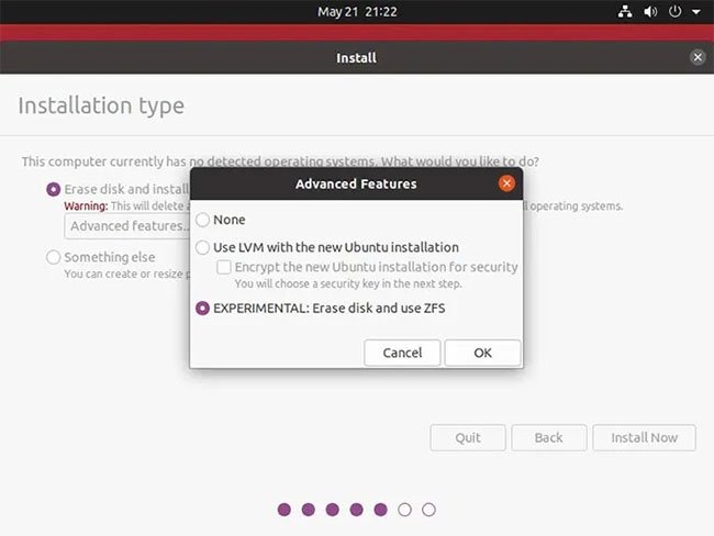 Chọn EXPERIMENTAL: Erase disk and use ZFS