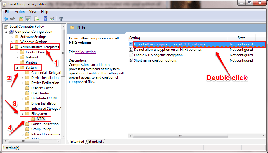 tìm và kích đúp chuột vào tùy chọn Do not allow compression on all NTFS volumes ở khung bên phải