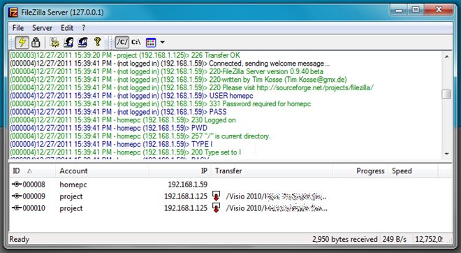 FileZilla FTP Server hoạt động