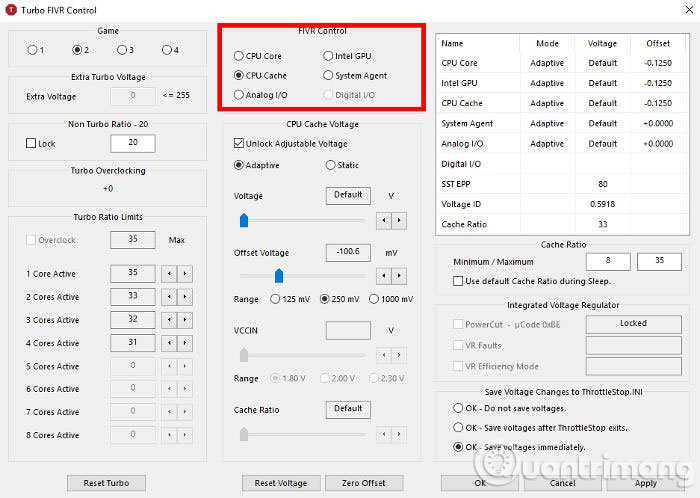 Chọn CPU Cacher trong phần FIVR Control